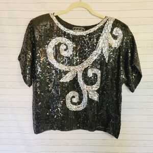 J.L.B 100% SILK SEQUIN TOP, VINTAGE sz LARGE
